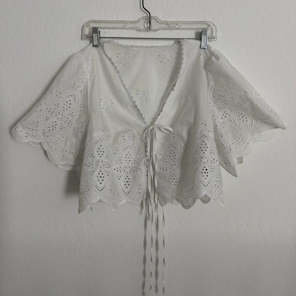 SHEIN White Eyelet Tie-Front Cropped Blouse